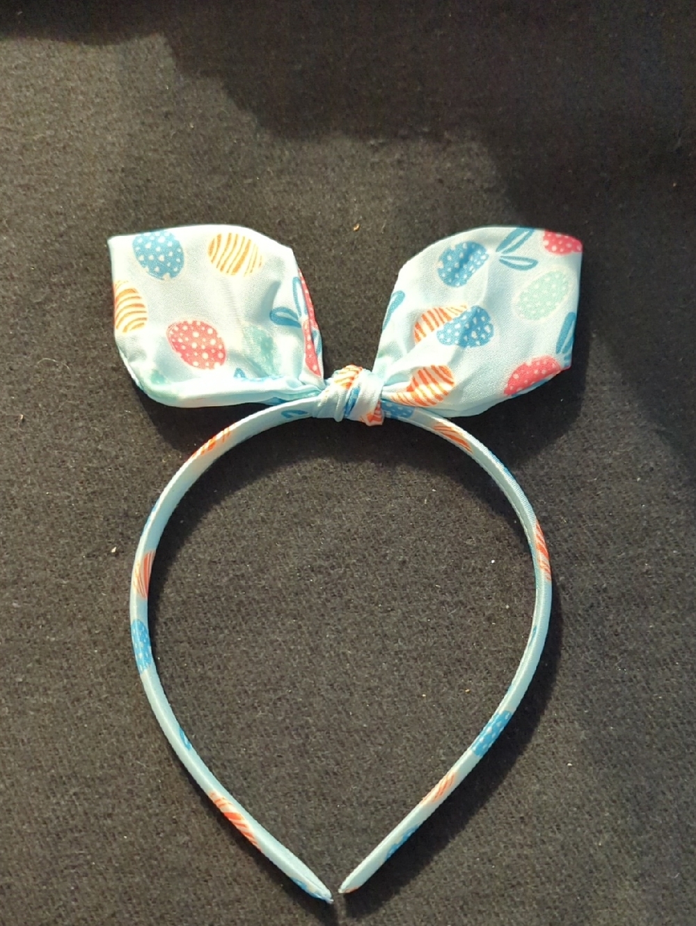 Kids Bow Headband in Blue With Easter Bunny Eggs And Bunny Ears